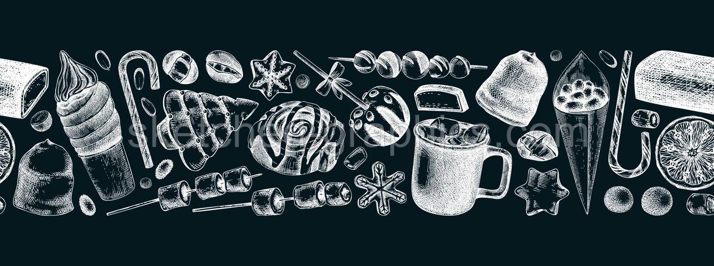 Christmas food background. Christmas market design template. Hand-drawn vector illustration. Hot drinks, candies, cookies, pastries sketches. Winter holiday menu border on chalkboard. Seamless pattern Illustration